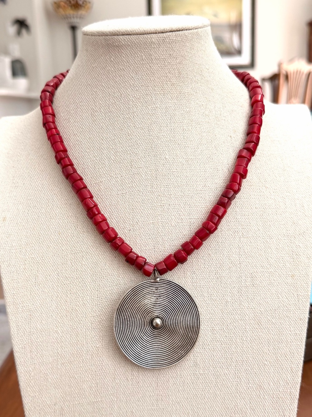 Vintage Red Coral Beaded Necklace Silver Spiral Pendant Artisan Boho
